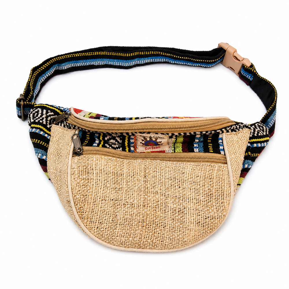 Sun Beam Hemp Cotton Belt Bag Fanny Pack Boho Festival 3 Zip Adjustable Strap